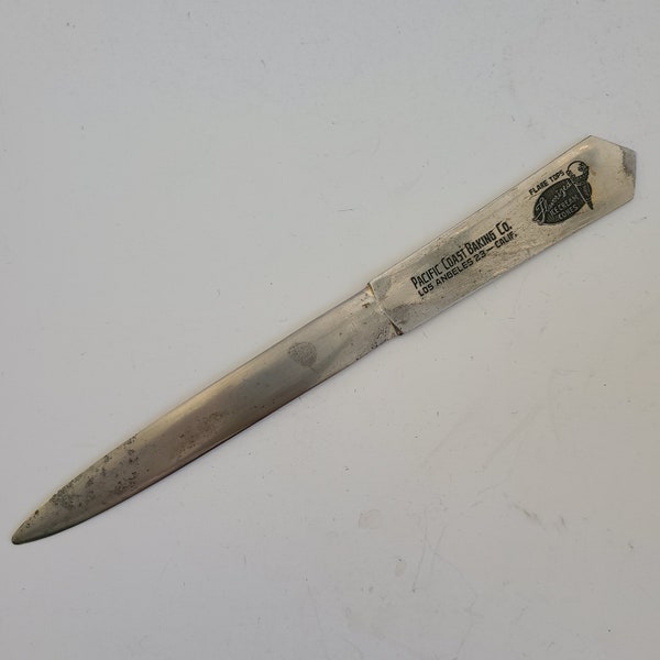 Vintage circa 1930's chromed steel Art Nouveau advertising letter opener,likely made in Solingen,Germany, Pacific Baking Co ice cream cones