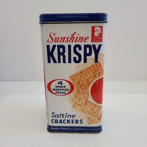 Vintage circa 1950's to 1960's bilingual Sunshine Krispy Saltine Crackers tin, excellent condition,  English/Spanish great graphics