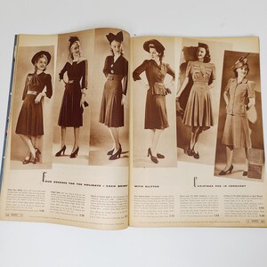 May include: Four models wearing different dresses. The dresses are in various colors and styles, including a black dress with a bow, a brown dress with a belt, a brown dress with a white collar, and a brown dress with a white collar and a bow. The text "Our Dresses for the Holidays - Each Bright with Glitter" is visible at the bottom of the page.