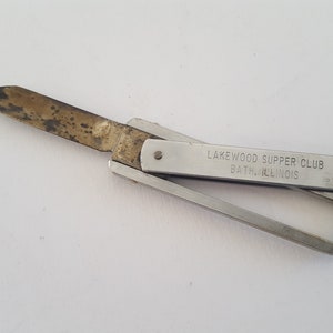 Vintage 1960's "funny folder" keychain knife with blade by unknown maker, Lakewood Supper Club Bath, Illinois,cleaned, heavy plating