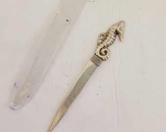 Vintage circa 1970's sterling silver .925 Made in Mexico Seahorse small letter opener, plastic sleeve 5 3/8"