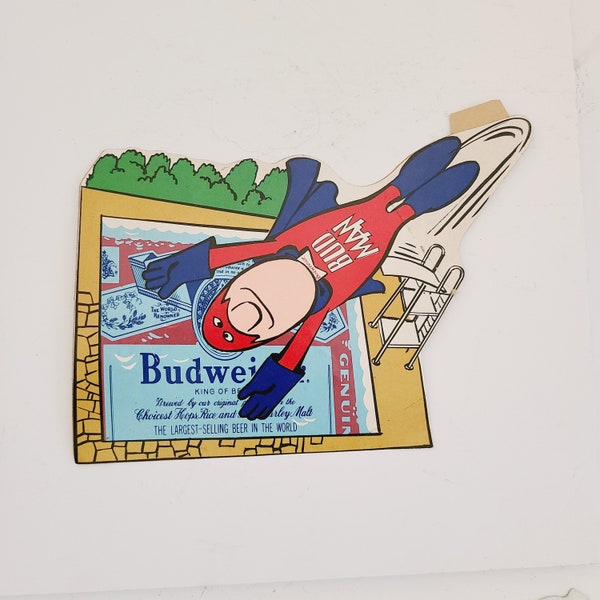 Vintage circa late 1960's to early 1970's Budweiser "Bud Man" Superhero character vinyl stickers for cooler, toolbox etc, Bud Man diving