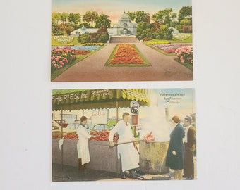 Vintage lot of 2 circa 1946 color linen postcards scenes of San Francisco Golden Gate Park, Fisherman's Wharf.