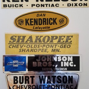 Vintage late 70&#39;s Car Dealership stickers, Dixon Buick Pontiac, Kendrick Cadillac Buick, Shakopee Chevrolet Olds,Johnson Chevy,Watson Chevy