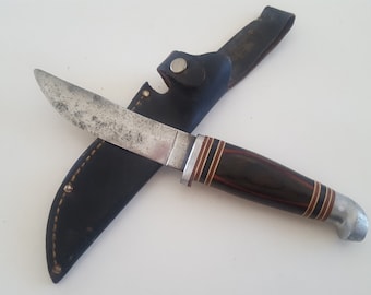 Vintage 1950's Sheath Knife: Cocobolo Wood Handle, Leather Sheath