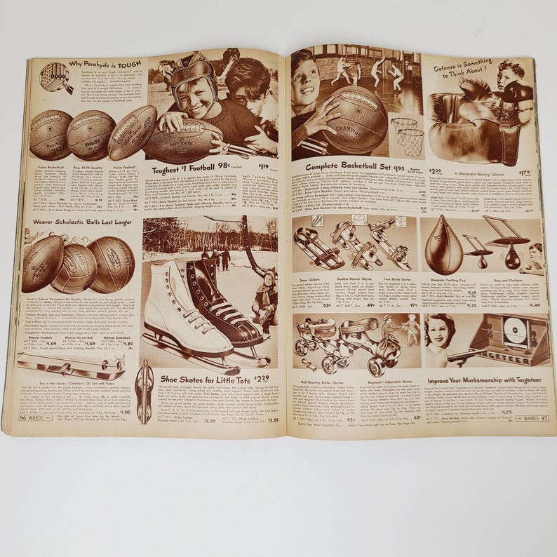 May include: An open book with a brown cover and white pages. The book features images and text about sports equipment for children. The text includes "Why Paralyde is Tough", "Toughest Football 98", "Complete Basketball Set 99", "Weaver Scholastic Balls Last Longer", "Shoe Skates for Little Tots 1239", and "Improve Your Marksmanship with Targetour".