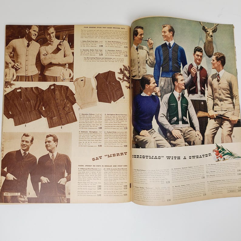 May include: A vintage magazine spread featuring men's sweaters and vests. The page includes a variety of styles, colors, and patterns, including a brown vest, a white sweater, and a blue sweater. The text on the page reads "Say "Merry Christmas" with a Sweater".