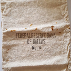 Vintage Bank bag circa 1960&#39;s for Federal Reserve Bank of Dallas No.11, cotton bag large size 23&quot; x 12&quot; rust stains