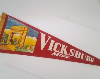 Vintage souvenir felt travel pennant from Vicksburg, Mississippi 1950's in Cardinal red screened printed decoration 26 1/2" x 8 3/4"