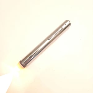 May include: A silver flashlight with a white light beam shining from the end. The flashlight is about 6 inches long.