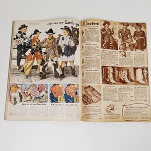 May include: A vintage magazine page featuring children's clothing for a Western theme. The page includes photos of children wearing cowboy hats, vests, and boots. The text on the page reads "Just for Fun Let's go Western".
