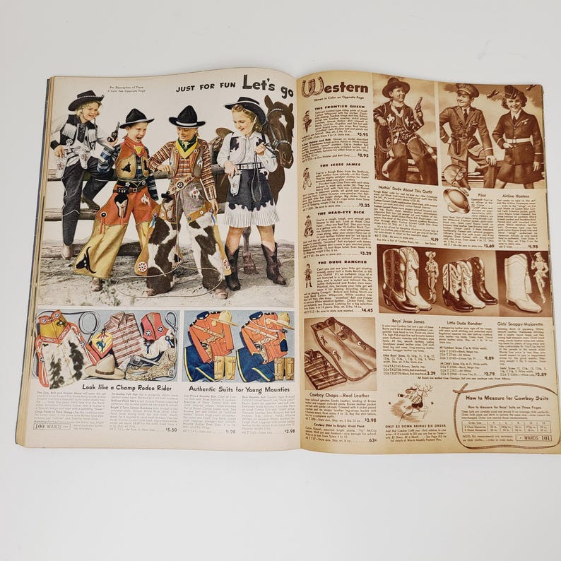 May include: A vintage magazine page featuring children's clothing for a Western theme. The page includes photos of children wearing cowboy hats, vests, and boots. The text on the page reads "Just for Fun Let's go Western".