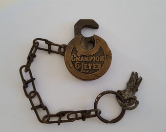 Antique circa 1890's Champion 6 Lever brass padlock with 2 keys, great patina, not marked pancake lock