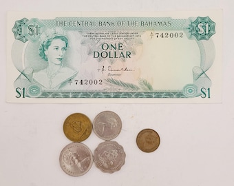 Vintage 1974 Central Bank of Bahamas one Dollar banknote and coins, circulated condition Queen Elizabeth II, British Carribean Territories