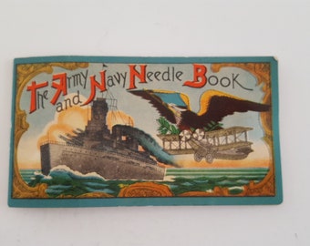 Vintage circa 1950's "The Army and Navy Needle Book" great graphics features WWI era Battleship and airplane