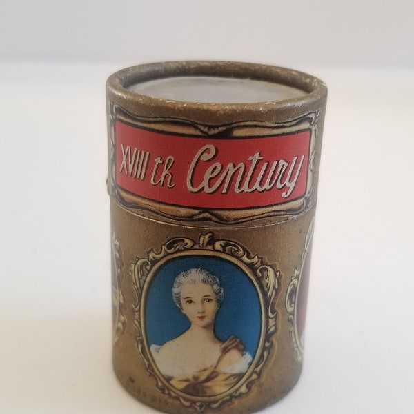 Vintage circa 1960's stick matches lithograph container features 18th Century Beauties. Mostly full, torn striker. Made in Italy