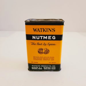 Vintage 1960's Watkins brand spice tin, Nutmeg 3 1/4 oz size, empty nearly flawless tin