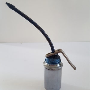 Puede incluir: Una lata de aceite plateada con un pico flexible negro y una manija de palanca. La lata tiene una tapa azul.