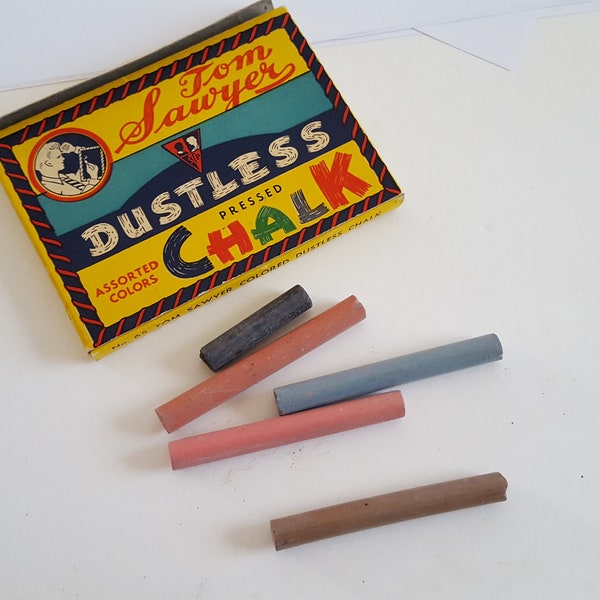 Vintage circa 1950's "Tom Sawyer" dustless chalk Standard Toykraft Products, excellent box with some chalk left