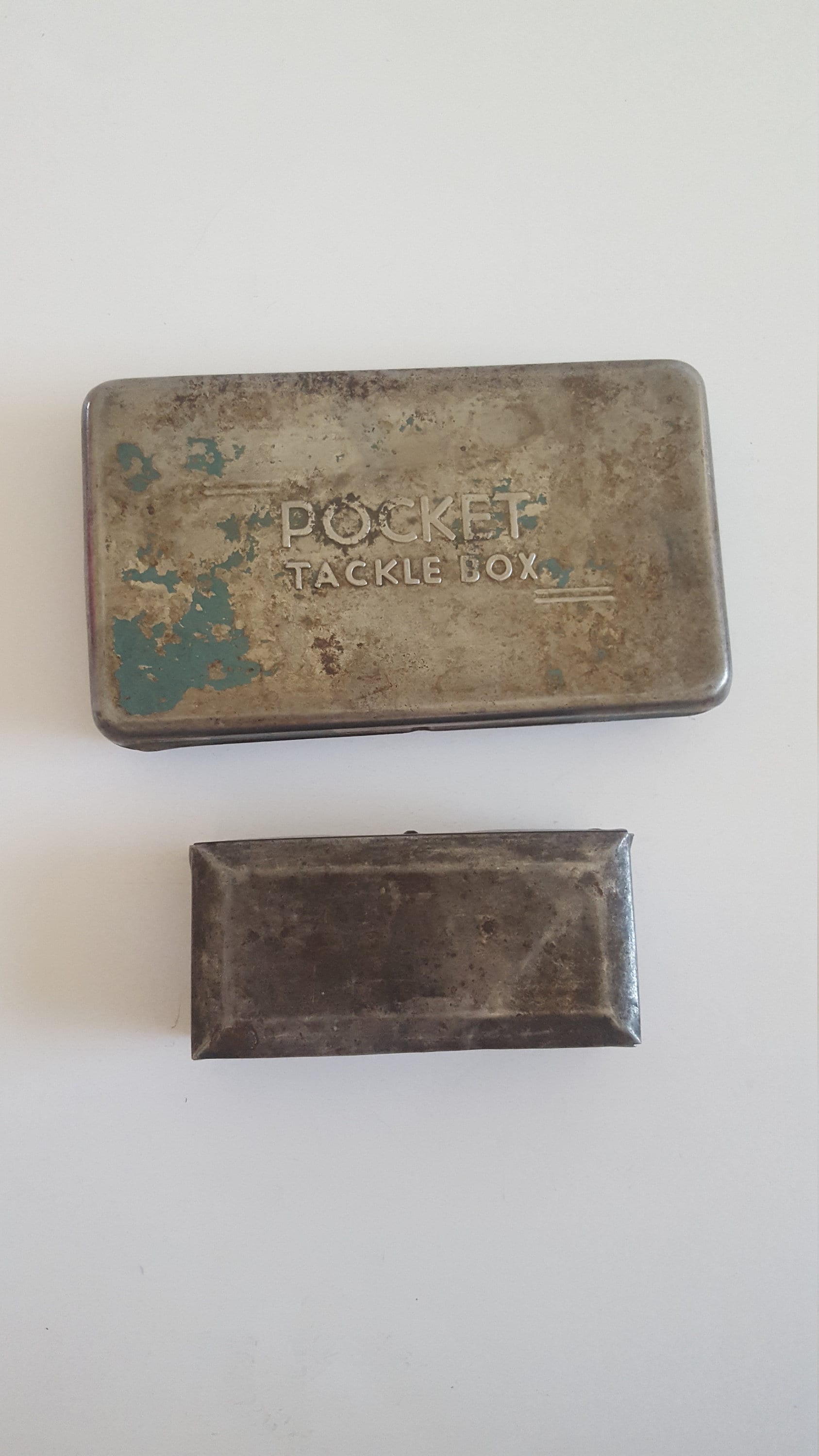 Vintage circa 1940's pair of steel boxes, Pocket Tackle Box and small  rectangular box, lightly cleaned