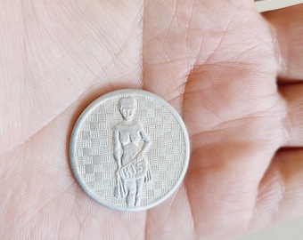Vintage novelty risqué coin, aluminum "His" "Hers" filpping coin. 1970's, measures 1 3/16" diameter