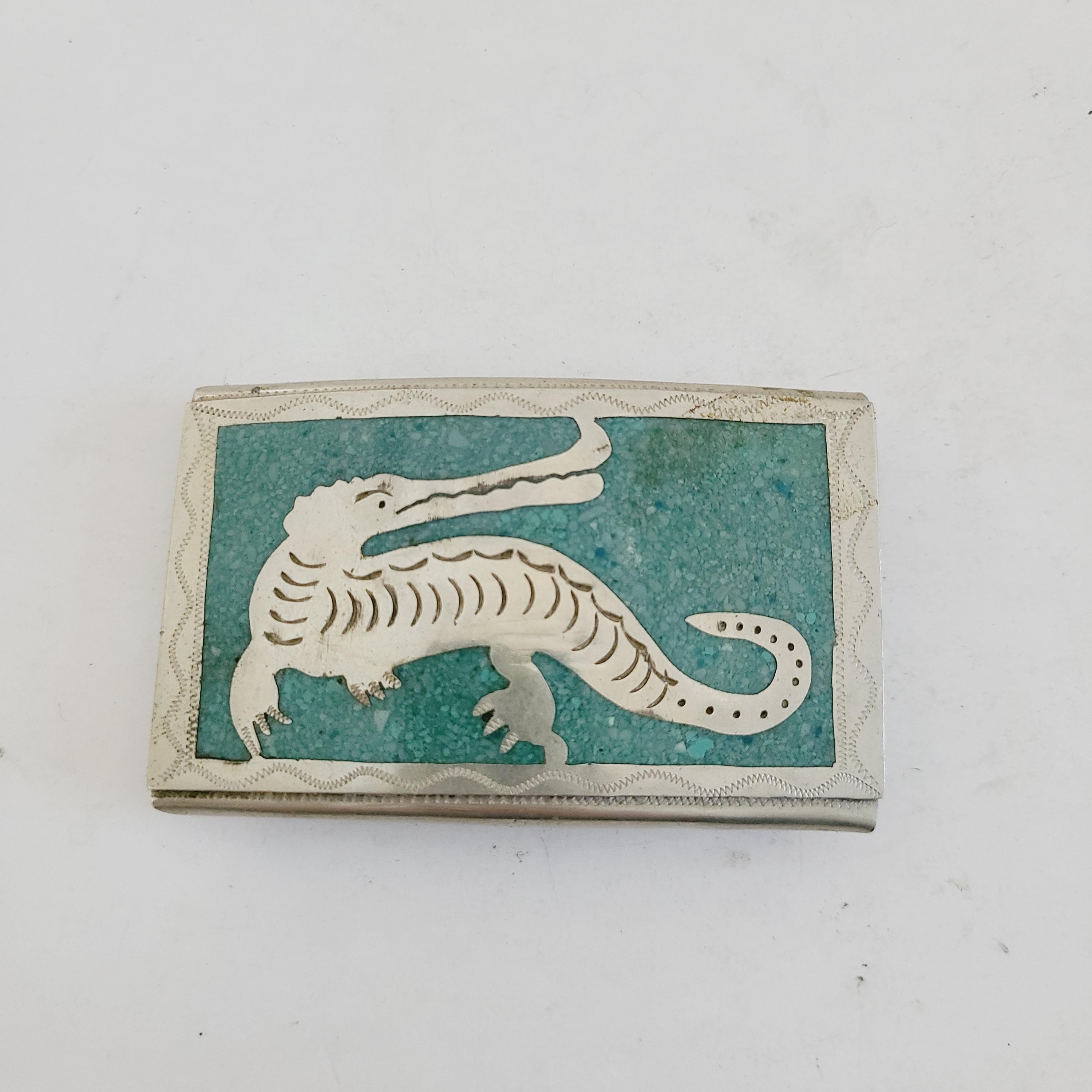 Alpaca  Silver Turquoise Inlaid Belt Buckle 4”x3” México Native American Alpaca Mexico Nickel Silver Alpaca Mexico  main image 4