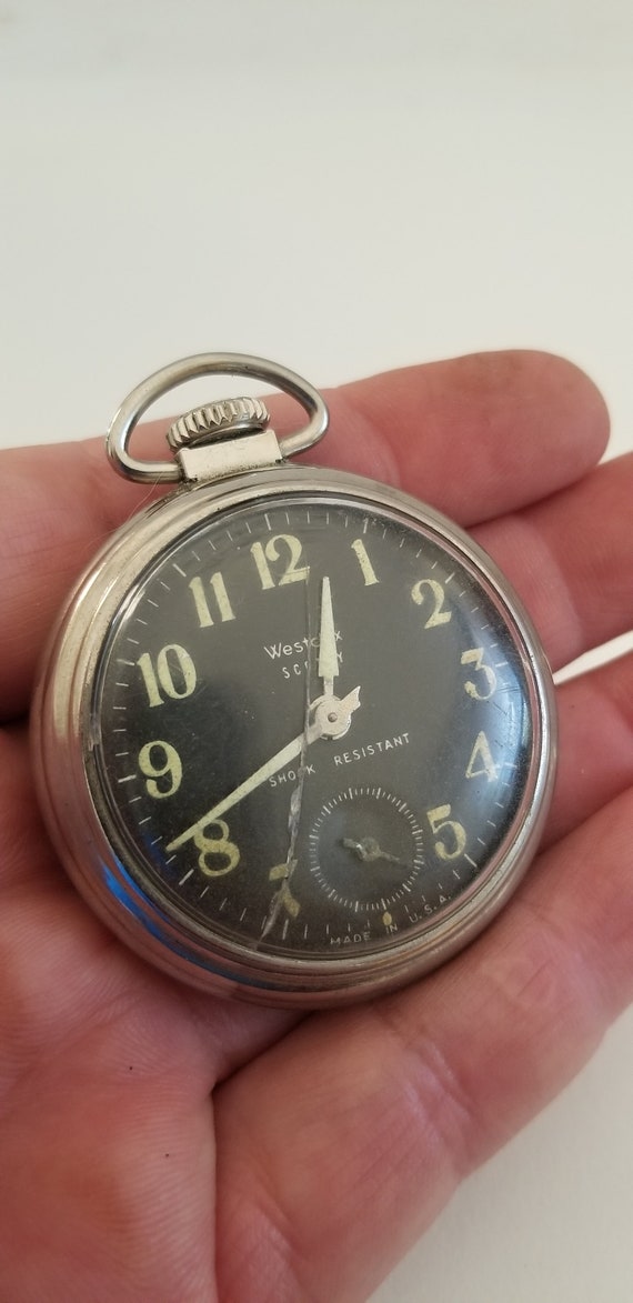 Vintage 1950's WestClox Scotty pocket watch, black fa… Gem