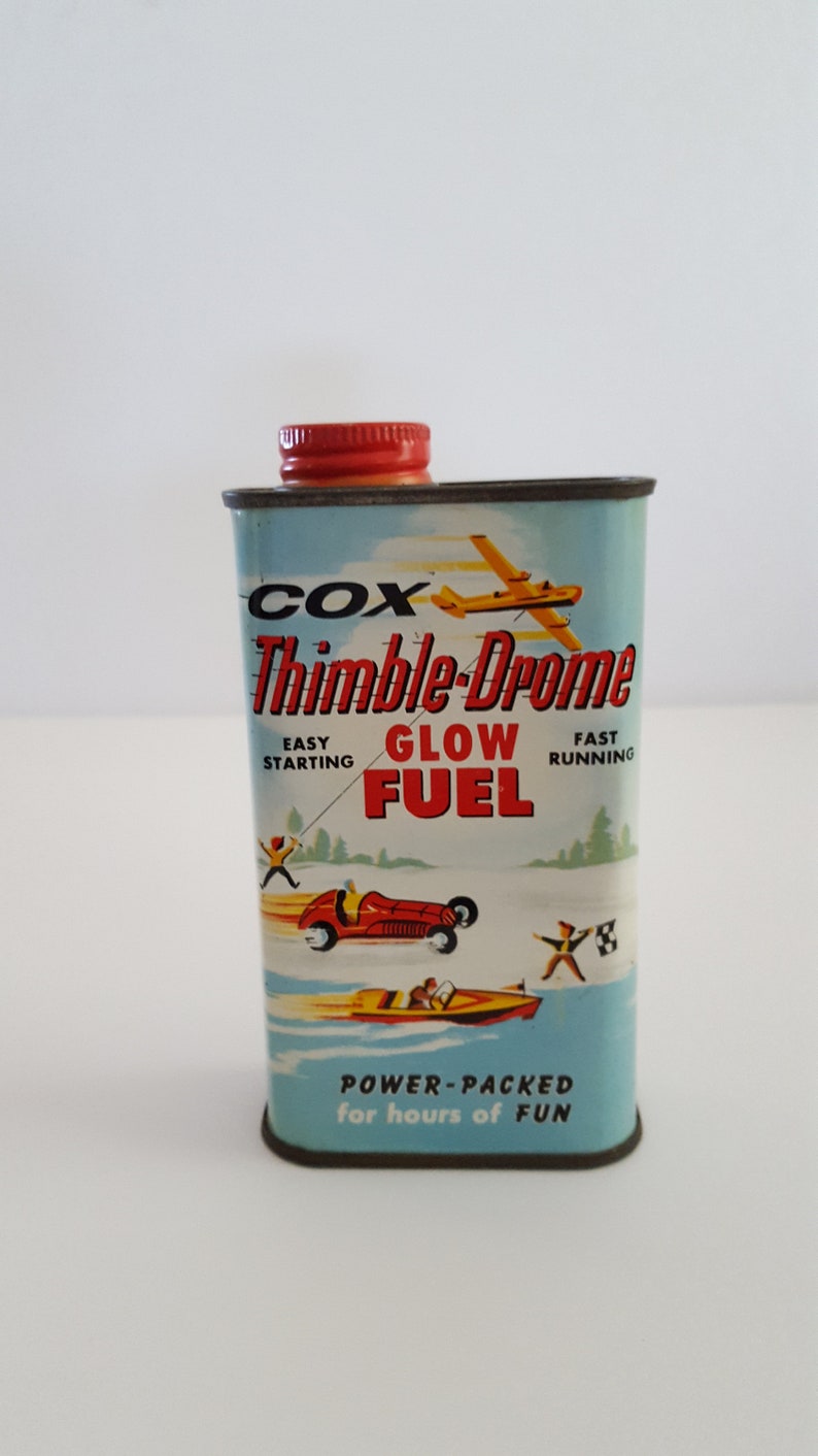Vintage one half pint Cox Thimble Drome Glow Fuel, can is very good graphic condition