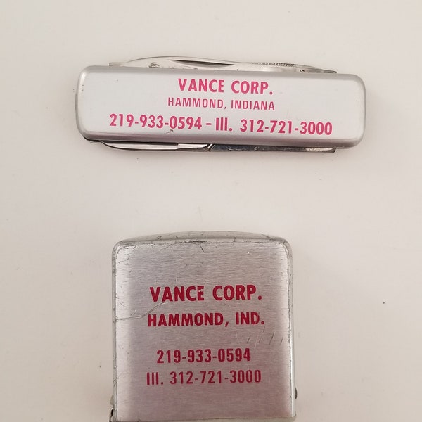 Vintage circa 1970's advertising tape measure and pocket knife, Vance Corp, heavy lift tow truck services Hammond, Indiana