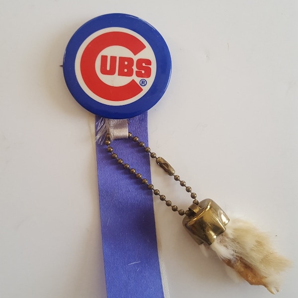 Vintage late 1970's Chicago Cubs souvenir booster pin with ribbons and "Lucky" rabbits foot