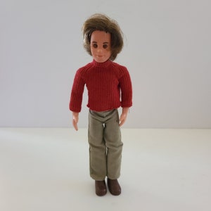 May include: A red sweater with a ribbed texture and a brown pair of pants. The doll has brown hair and brown eyes.