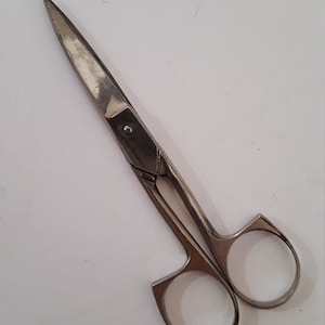 May include: A pair of silver-colored scissors with a pointed tip and two circular handles.