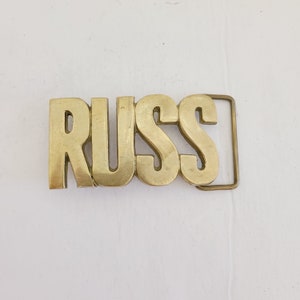 Vintage 'Russ' Brass Belt Buckle - 1980s Novelty