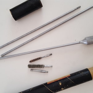 Vintage circa 1950&#39;s Duraluminum precision machined No.600 .22 caliber rifle cleaning rods and accessories Outers Laboratories Onalaska WIS