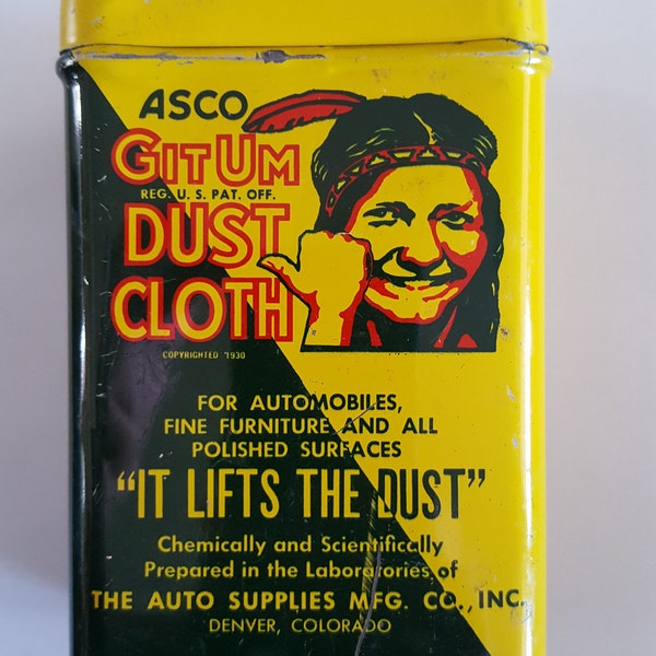 Vintage 1930's to 1940's ASCO Git Um Dust Cloth tin with two cloths inside, surface scratches Auto Supplies Mfg. Denver, CO