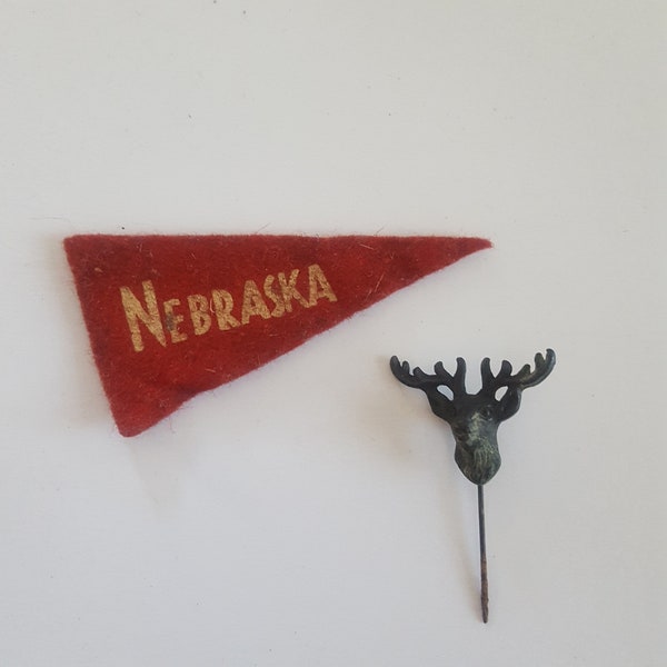 Vintage possibly antique BPOE Elks lapel pin and mini felt University of Nebraska pennant unmarked