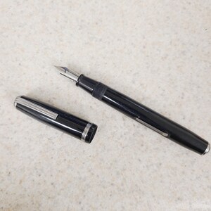 May include: A black fountain pen with a silver nib and accents. The pen's cap is detached, revealing the pen's silver trim. The pen is lying on a light-colored surface. A classic writing instrument.