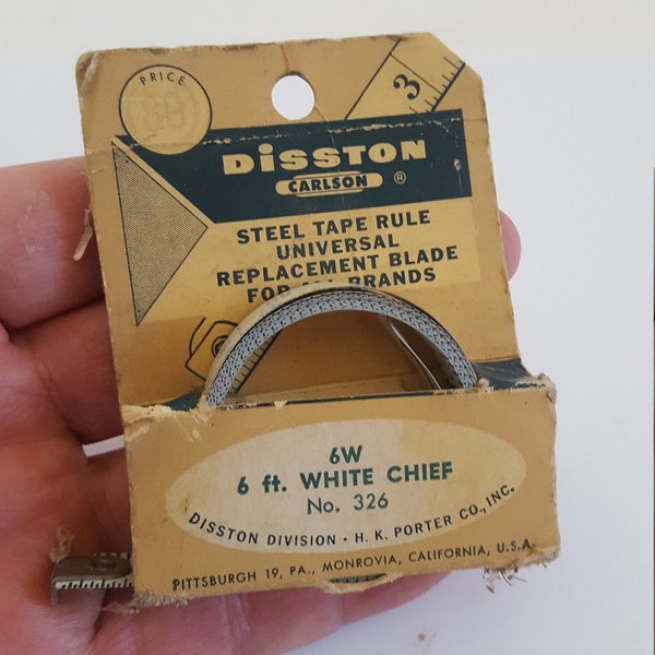 Vintage 1960's old box replacement tape measure Disston Carlson, 6 ft White Chief 6W No.326