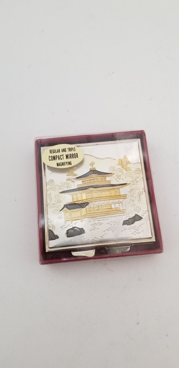 Vintage 1960s Damascene Compact Mirror: Kinkaku-ji Temple, Kyoto