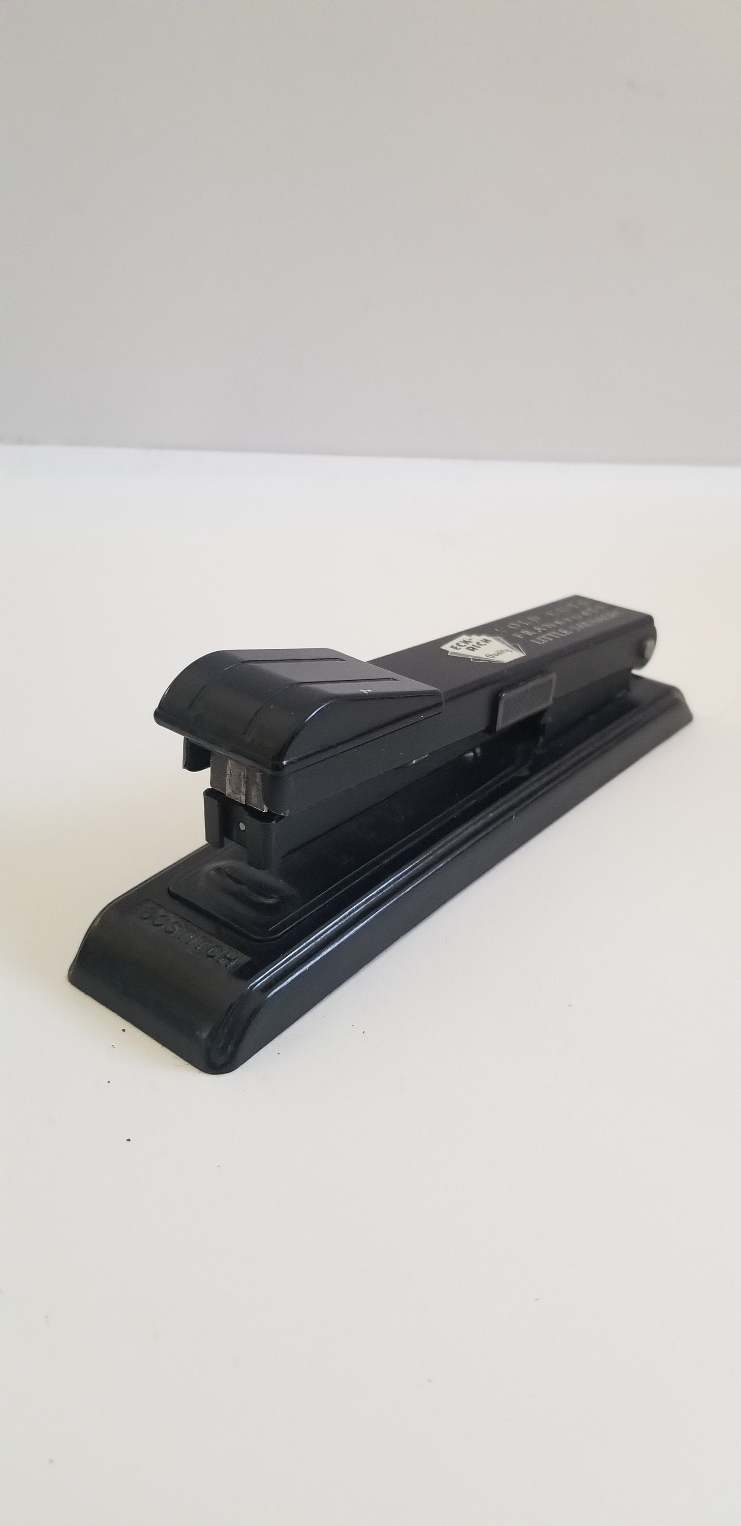 Vintage 1950's (from a 1936 design) Bostitch B8 stapler, advertising small size in black. Eckrich Cold Cuts, Frankfurters, Little sausages