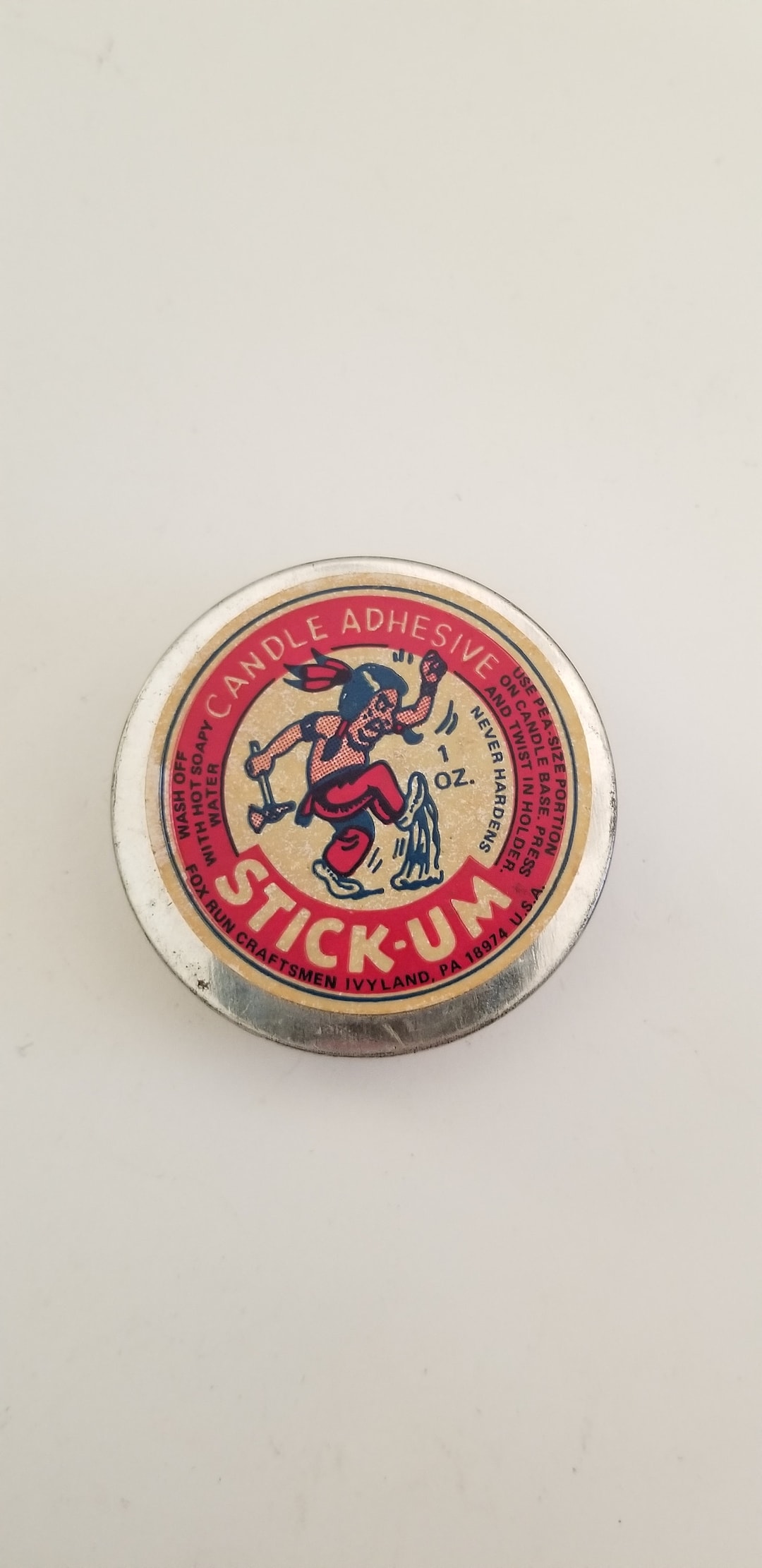 Vintage Stick-Um Candle Adhesive American Indian Graphic Tin