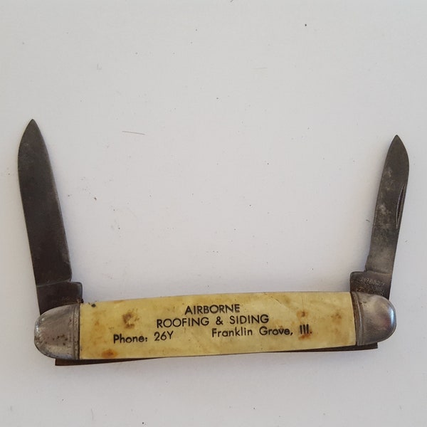 Vintage circa 1946-1956 advertising 2 blade pocketknife. Airborne Roofing one side Whitford & Turner Feed and Seed Imperial Cutlery Co