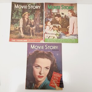 Vintage lot of 3 1940&#39;s movie fan magazines, &quot;Movie Story&quot; features Gregory Peck, Jane Russell, cover conserved.