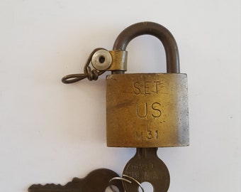 Vintage circa 1960's to 1980's brass US Navy Sea Bees padlock, American Lock, Junkunc Bros. US Set M31 2 keys