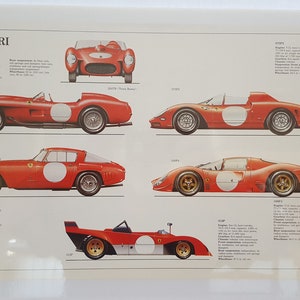 Vintage circa 1980&#39;s lithograph artwork depiction of a Ferrari 312P and Ferrari 330P4, 250TR 275P2 375MM  racers
