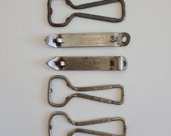 Vintage lot of 5 church keys. Walter Brewing Co. Lucky Lager,Wiedemann's Gipp's Beer, Sterling Brewers can and bottle openers, as found