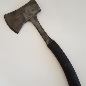 Vintage 1960's Buck Bros. camping hatchet, rubber ergonomic shockproof handle, forged steel head with nail puller, cleaned, name stamped