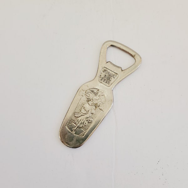 Vintage circa 1970's advertising bottle opener features St. Pauli Girl Lager, double sided images Made in Germany