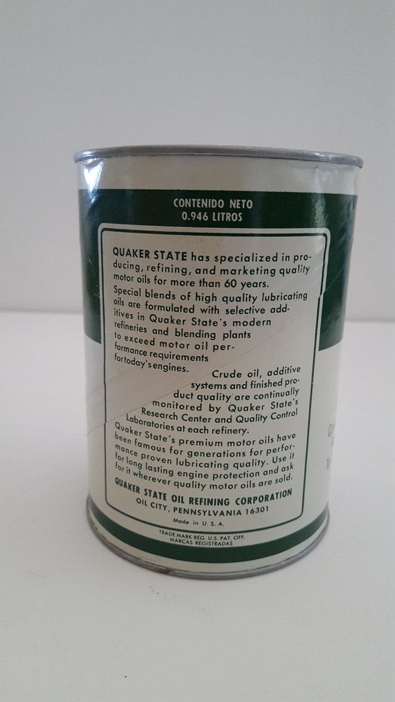 Vintage 1970's or Earlier Full Quart Oil Can Quaker State SAE 30
