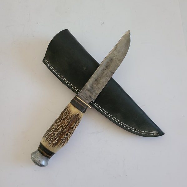 Vintage 1950's Premier Lifetime H-24 Knife, Solingen Germany, stag handle, bakelite spacers, fixed blade knife, synthetic leather sheath